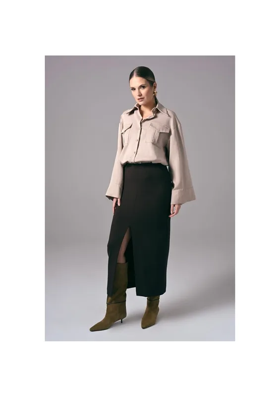 Spódnica Power Ease – brązowa elegancka spódnica damska midi do pracy — ALEKS KAEBER