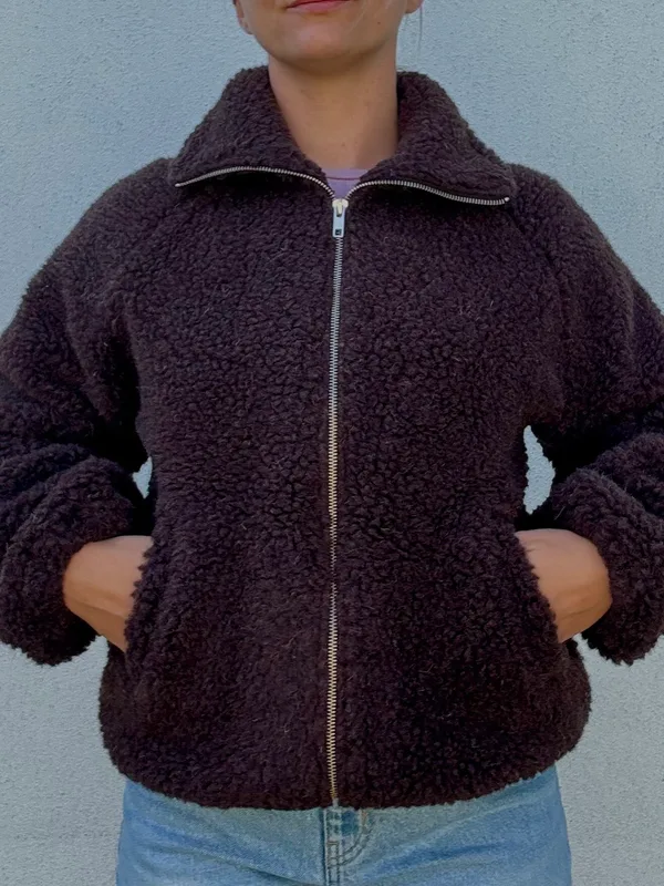 20% Damska kurtka Teddy ciemny brąz METALOWY ZAMEK — Basic Wool