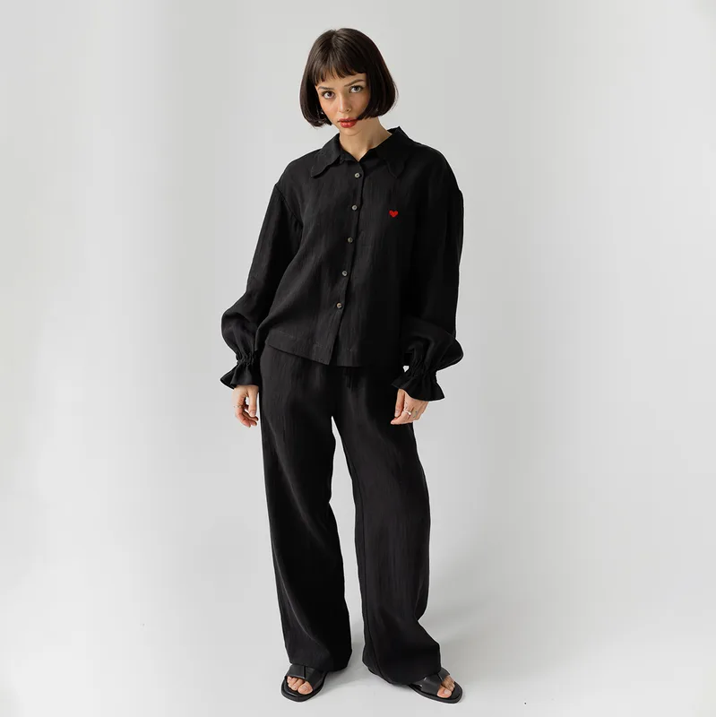 Lniana piżama – CAMILLE LONG / AMOUR BLACK — Figa Shop