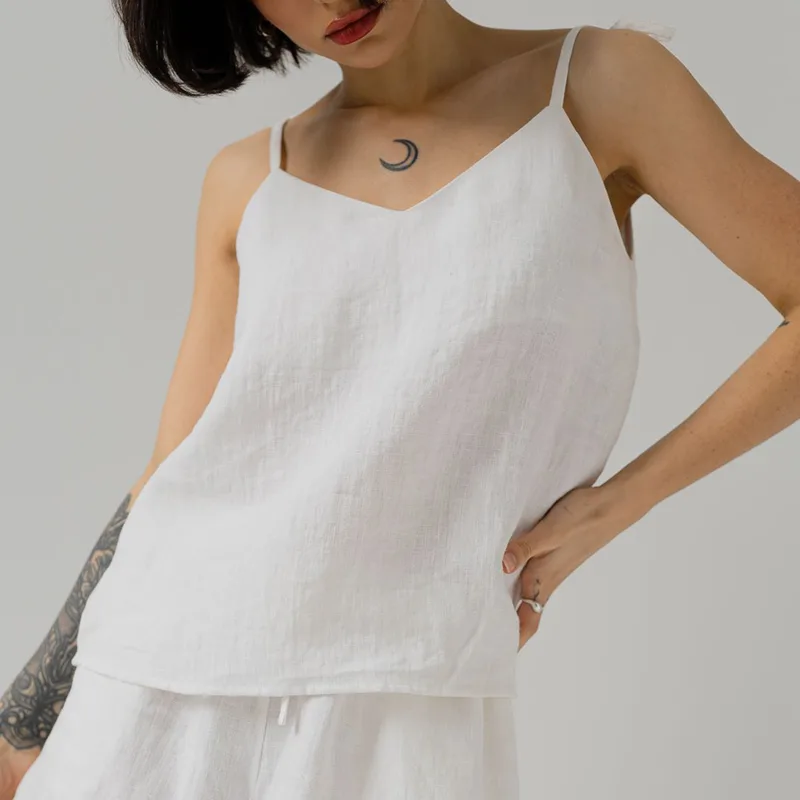 Lniany biały top na ramiączkach CÉLIE / MILK — Figa Shop