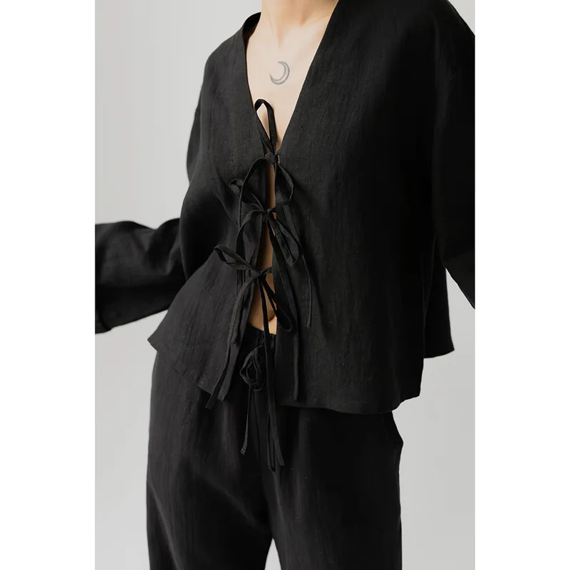 Koszula lniana z wiązaniem CHER / BLACK — Figa Shop