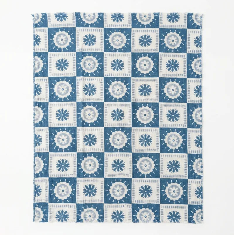 Pled bawełniany żakardowy / BLUE FLOWER — Figa Shop