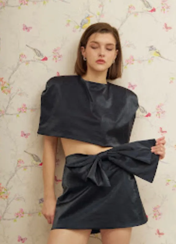 Reverie Midnight Blue Satin Mini Skirt with Statement Bow — Lia
