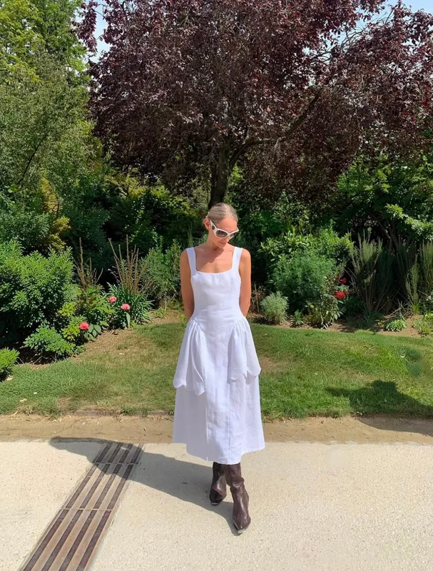 Fortuna Asymmetric Volant Linen Midi Dress in White — Lia