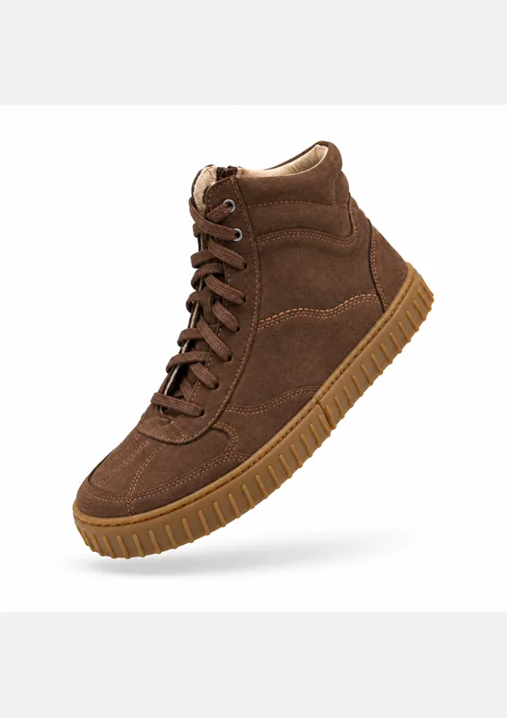 Damskie wysokie sneakersy barefoot TERRA BROWN SUEDE — Magical Shoes