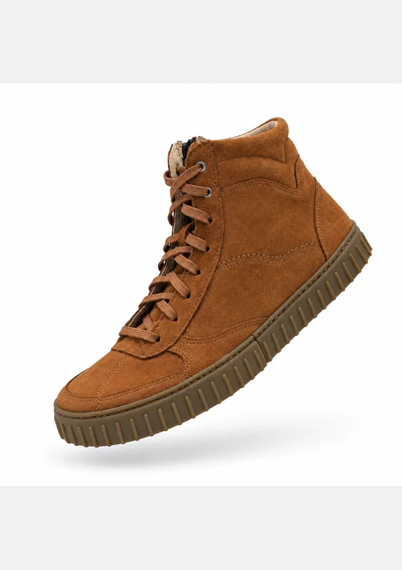 Damskie wysokie sneakersy barefoot TERRA COGNAC SUEDE — Magical Shoes