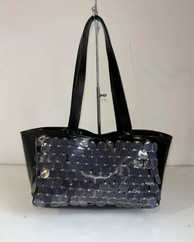 BLACK SEQUIN LEATHER SHOPPER BAG — mkuzniacka