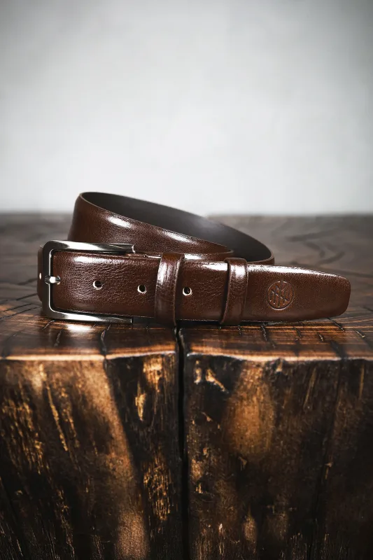 Elegancki pasek skórzany do garnituru ciemny brąz Sherman — Morgan & Ness