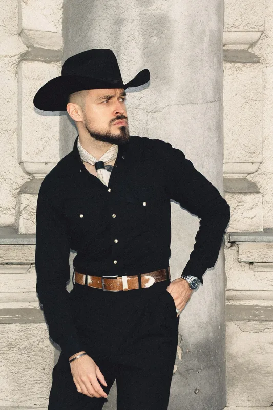 Koszula westernowa z czarnej bawełny i lnu od Albini Nevada patrol shirt — Morgan & Ness