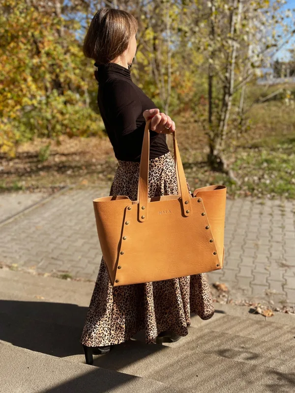 Torebka Shopperka duża, kolekcja „Łeba", kolor piaskowy, skóra naturalna — NALA