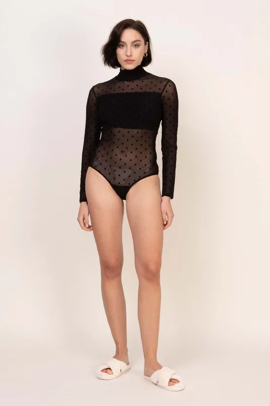 Loungewear body z golfem i transparentnym tiulem czarne — Oh!Zuza