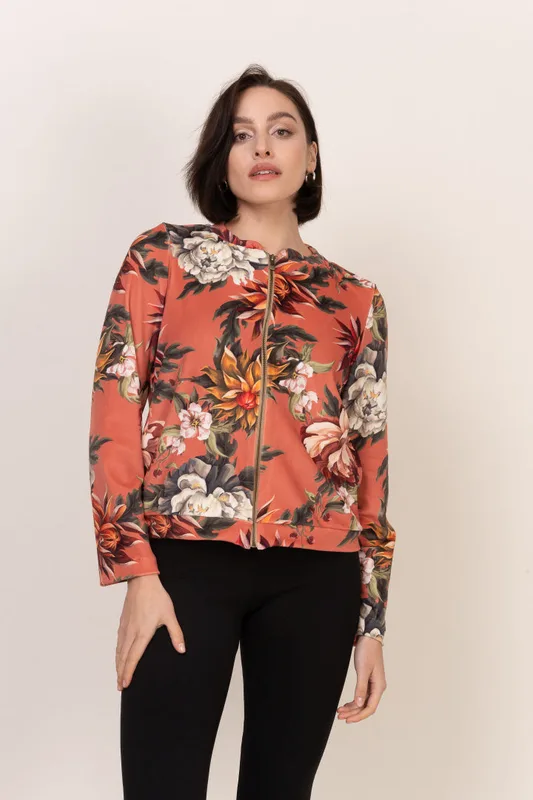 Botanica bluza bomberka z miękkiego weluru w roślinnym wzorze miedziana — Oh!Zuza
