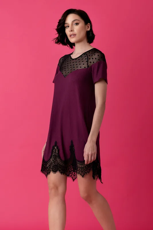 Opera krótka koszulka nocna z tiulem i koronką – merlot — Oh!Zuza