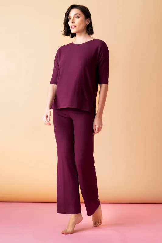 Sonnet długa piżama prążkowana z rękawem 3/4 – merlot — Oh!Zuza