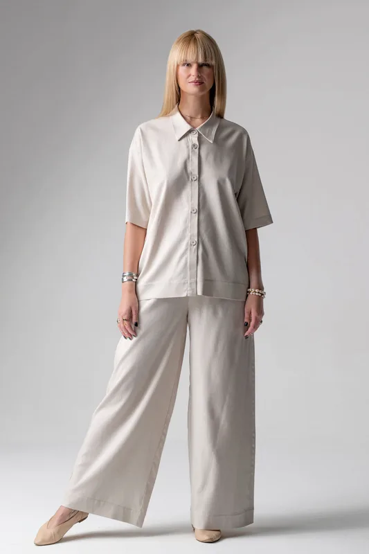 Meryl lniany komplet loungewear z długimi spodniami beż — Oh!Zuza