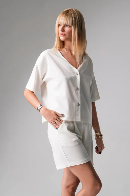 Meryl lniany krótki komplet loungewear krem — Oh!Zuza