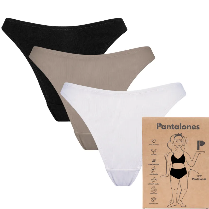 Trzypak STRINGI Ecru/Taupe/Czarny z bawełny organicznej — Pantalones