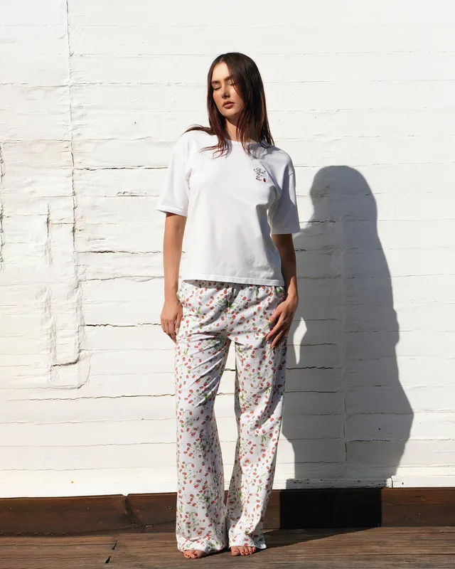 Piżama POZIOMKI: T shirt POZIOMKI + Spodnie COMFY z bawełny organicznej — Pantalones