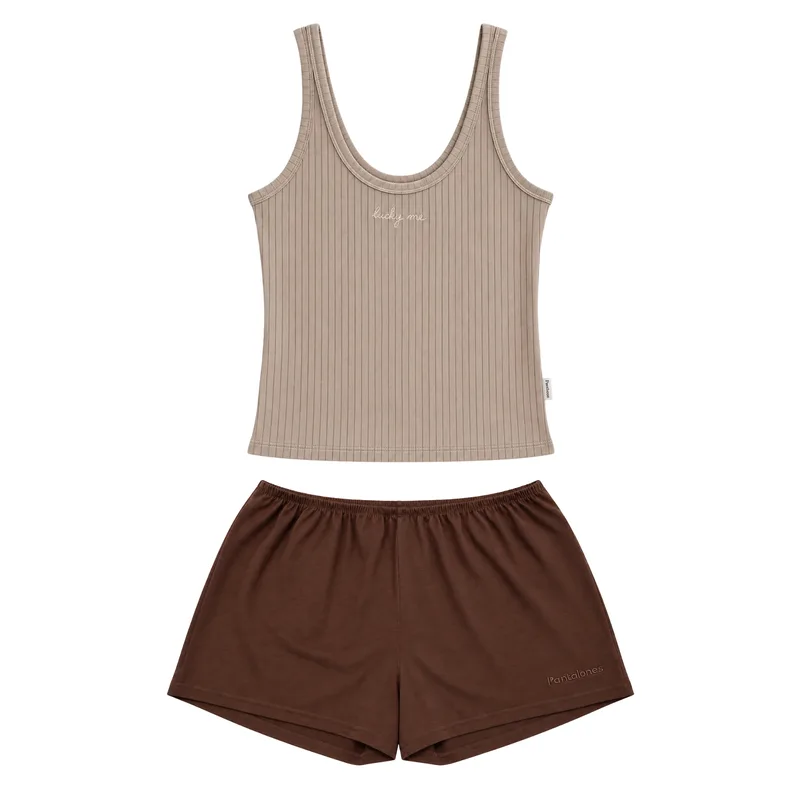 Piżama LUCKY ME: TOP RIB Lucky me + Szorty SLEEPY Choco z bawełny organicznej — Pantalones