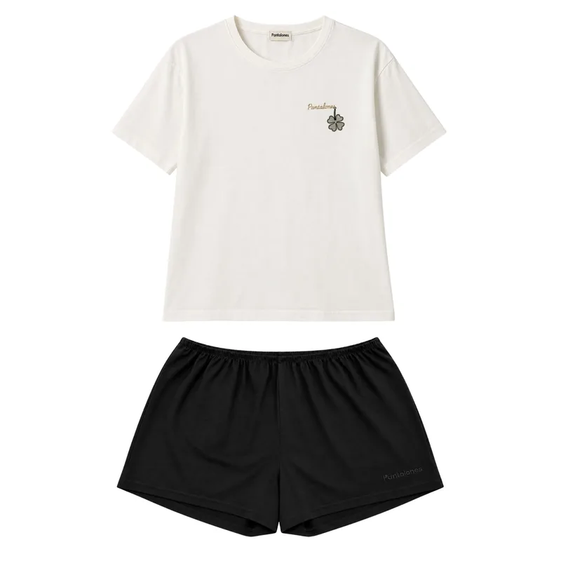LUCKY SET: T shirt LUCKY GIRL + Szorty SLEEPY Czarne z bawełny organicznej — Pantalones