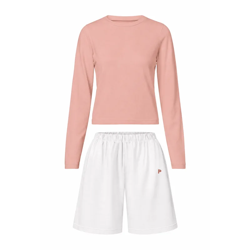 Piżama ORGANIC: Longsleeve Rose + Szorty Ecru z bawełny organicznej — Pantalones