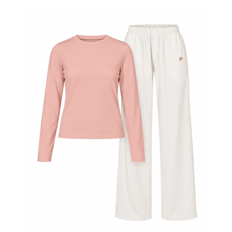 Piżama ORGANIC: Longsleeve Rose + Spodnie Ecru COMFY z bawełny organicznej — Pantalones