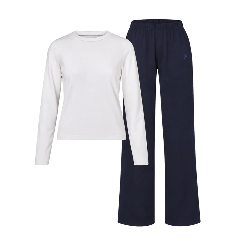 Piżama ORGANIC: Longsleeve Ecru + Spodnie Navy COMFY z bawełny organicznej — Pantalones