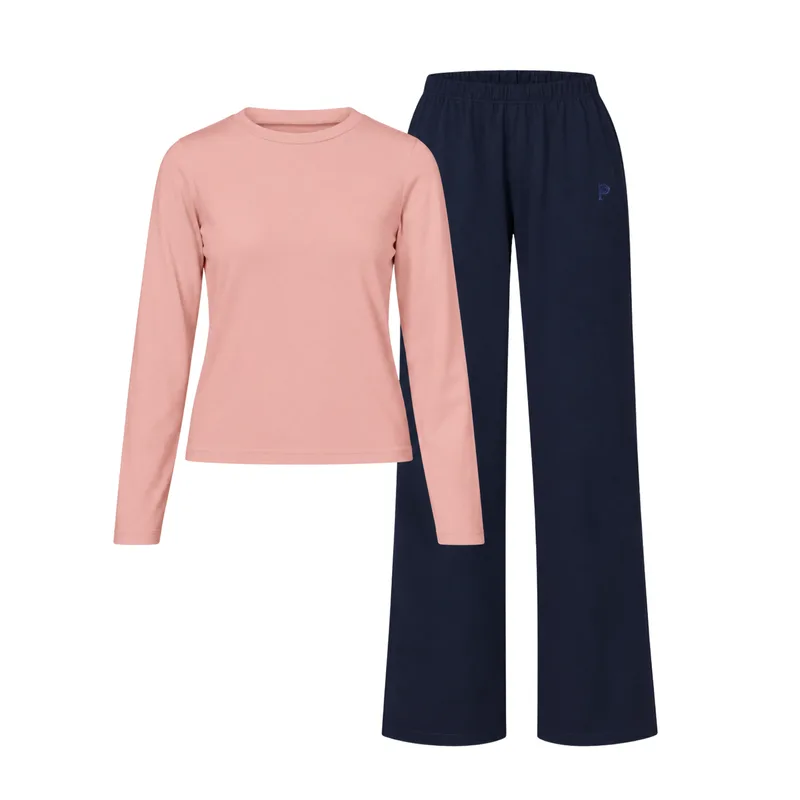 Piżama ORGANIC: Longsleeve Rose + Spodnie Navy COMFY z bawełny organicznej — Pantalones