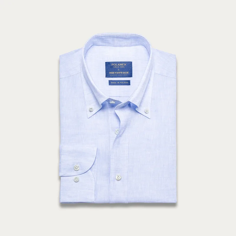 Błękitna koszula lniana z kołnierzem button down — Polanex