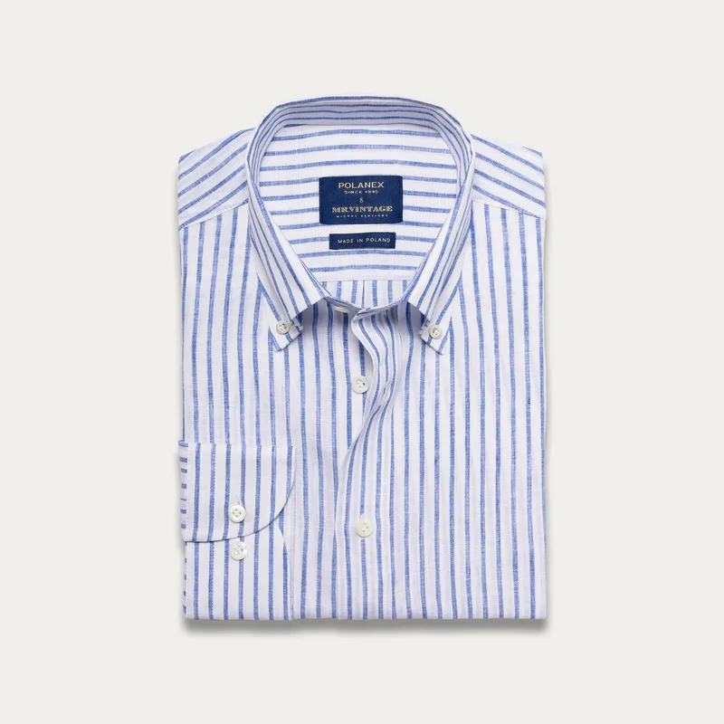 Lniana koszula w niebieski prążek z kołnierzem button down — Polanex