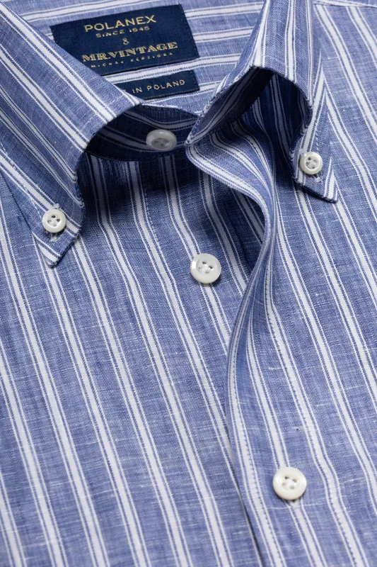 Granatowa koszula lniana w białe prążki z kołnierzem button down — Polanex