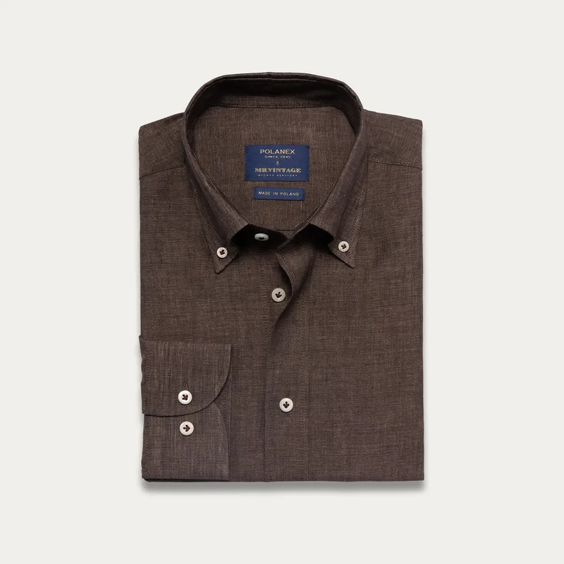 Brązowa koszula lniana z kołnierzem button down — Polanex