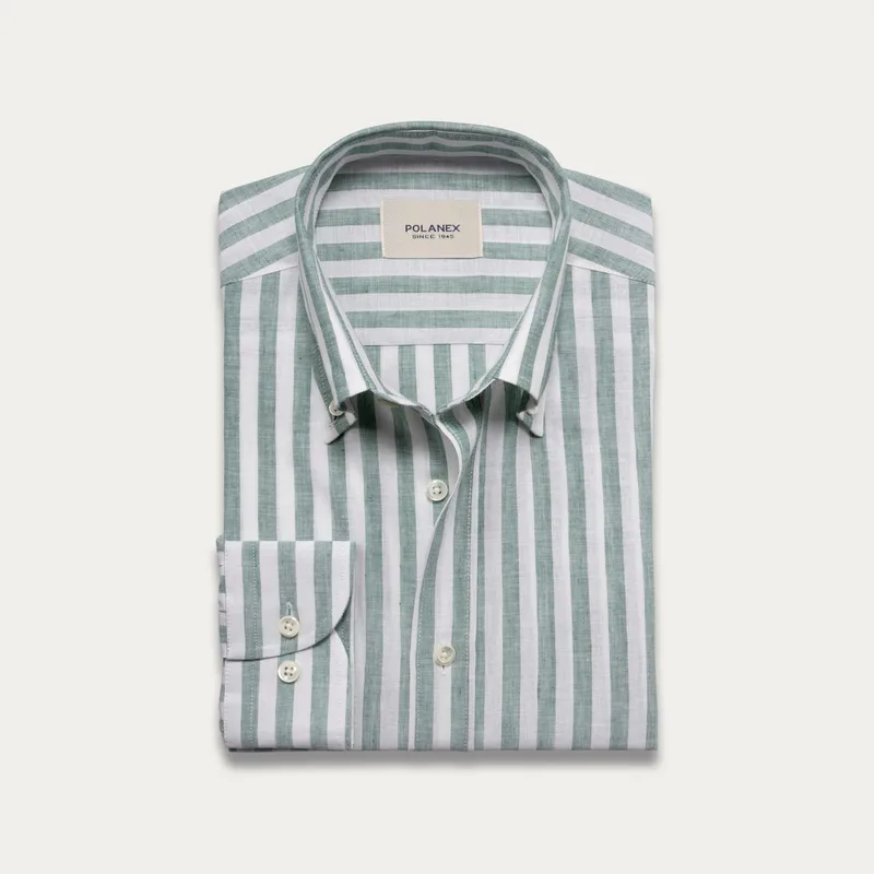 Lniana koszula w zielone pasy z kołnierzem button down — Polanex