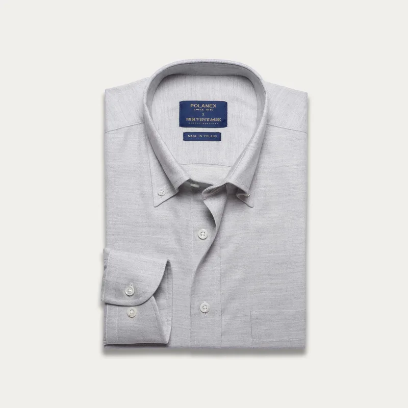 Szara koszula w drobną jodełkę z flaneli Albini z kołnierzem button down — Polanex