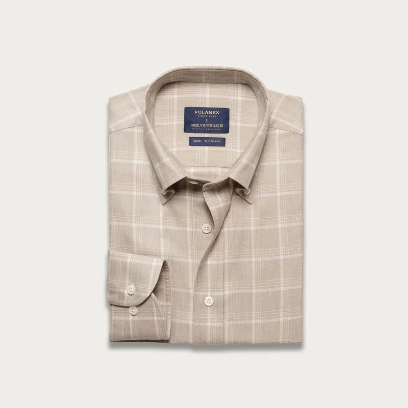 Jasnobrązowa koszula w kratę z flaneli Albini z kołnierzem button down — Polanex