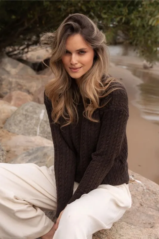 Sweter POLO – 100% wełny merino – czekoladowy brąz — WANT